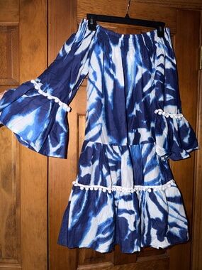 Debbie Katz Off-Shoulder Blue Tie-Dye Tiered Pom-Pom Dress